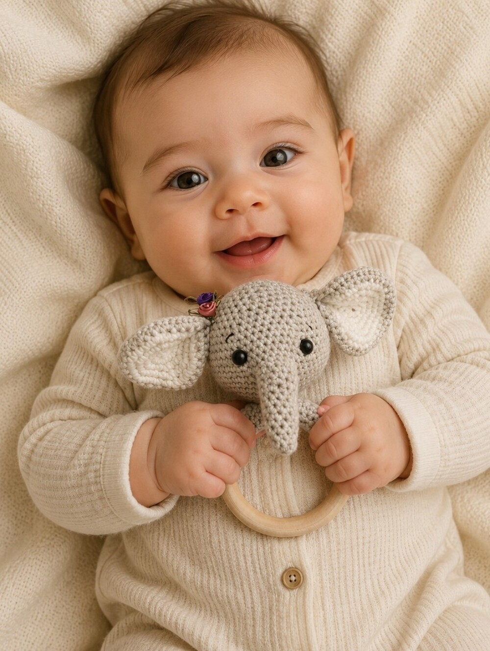 Handmade 6" Crochet Elephant Teether Rattle in Light Gray